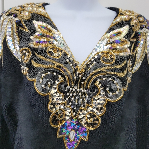 Side Effects Vintage Heavily Sequined Angora Fur Accented Black Sweater Size L - Picture 2 of 14